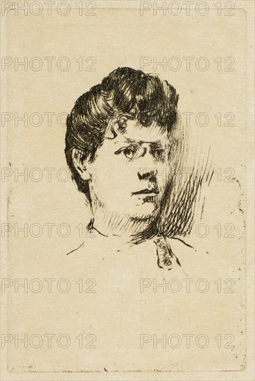 Sketch of a Woman’s Head, 1895–1900, Theodore Roussel, French, worked in England, 1847-1926, England, Soft ground etching in brown-black on cream Japanese paper, 57 × 48 mm (image), 98 × 65 mm (plate), 144 × 120 mm (sheet)