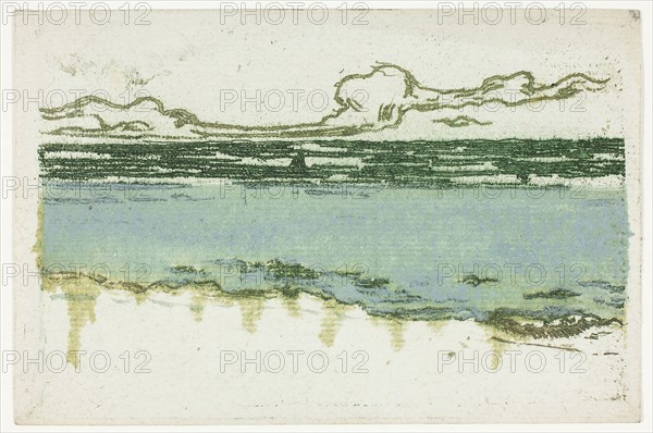 The Sea at Bognor, 1895, Theodore Roussel, French, worked in England, 1847-1926, France, Soft ground etching, inked à la poupée, in yellowish green and greenish blue on ivory laid paper, 75 × 141 mm (image, trimmed within plate mark), 100 × 151 mm (sheet)