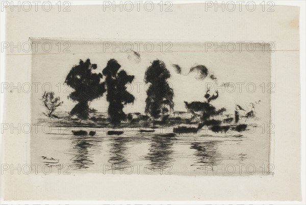 The Thames, Evening, 1897, Theodore Roussel, French, worked in England, 1847-1926, England, Etching and drypoint in black, with plate tone, on bluish ivory laid paper, 68 × 102 mm (image/plate), 99 × 105 mm (sheet)