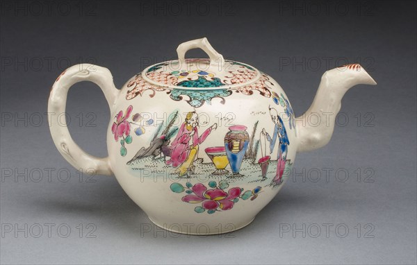 Teapot, c. 1750, Staffordshire, England, Staffordshire, Salt-glazed stoneware, polychrome enamels, 11.1 x 18.4 x 10.8 cm (4 3/8 x 7 1/4 x 4 1/4 in.)