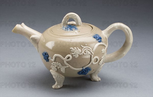 Teapot, 1750/55, Staffordshire, England, Staffordshire, Salt-glazed stoneware, with applied decoration and polychrome enamels, 9.2 x 15.6 x 9.2 cm (3 5/8 x 6 1/8 x 3 5/8 in.)