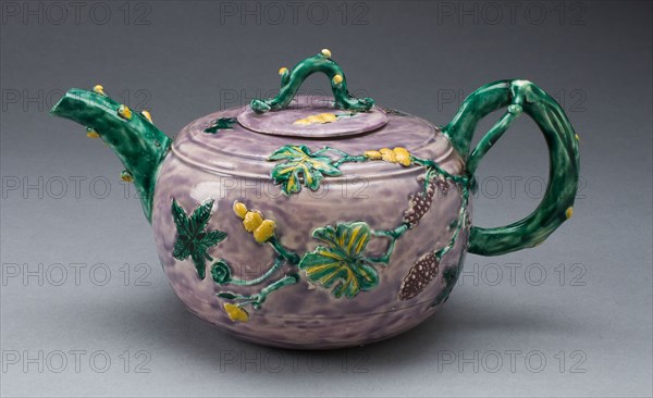 Teapot, c. 1750, Staffordshire, England, Staffordshire, Salt-glazed stoneware, polychrome enamels, 9.5 x 18.4 x 11.4 cm (3 3/4 x 7 1/4 x 4 1/2 in.)
