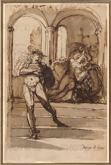 The Slaying of Red Comyn by Robert the Bruce, 1810–16, Henry Fuseli, Swiss, active in England, 1741-1825, England, Pen and brown iron gall ink, with brush and brown and gray wash, over chalk (recto), and black chalk (verso), on tan laid paper, 315 × 206 mm