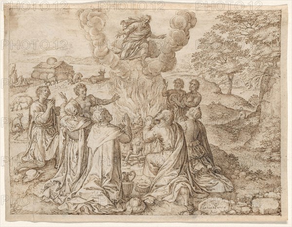 Noah’s Sacrifice, plate IX from The Creation and Early History of Man, 1606, Jan Wierix, Flemish, 1549-c. 1620, Flanders, Pen and brown ink on parchment, 94 × 123 mm