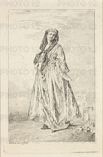 Figures du mode, c. 1710, Jean Antoine Watteau, French, 1684-1721, France, Etching in black on ivory laid paper, 110 × 73 mm (image), 125 × 80 mm (plate), 142 × 97 mm (sheet)