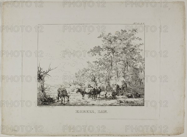 The Milkmaid on the Path, n.d., Sebastian Habenschaden, German, 1813-1868, Germany, Etching on ivory wove paper, 175 x 242 mm (plate), 235 x 321 mm (sheet)