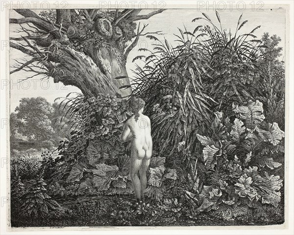 Nymph in a Marshy Woodland, 1800, Carl Wilhelm Kolbe, the elder, German, 1759-1835, Germany, Etching on ivory wove paper, 256 x 323 mm (image), 265 x 330 mm (sheet)