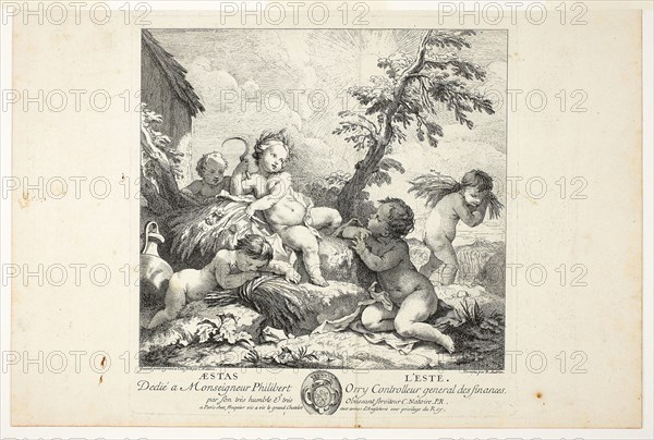 Summer, plate two from Le Quatre Saisons, 1735, Charles-Joseph Natoire, French, 1700-1777, France, Etching on buff laid paper, 268 × 268 mm (plate), 284 × 428 mm (sheet)