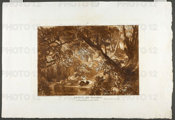 Aesacus and Hesperie, plate 66 from Liber Studiorum, January 1, 1819, Joseph Mallord William Turner, English, 1775-1851, England, Etching and aquatint in brown on ivory laid paper, 209 × 291 mm (plate), 295 × 430 mm (sheet)