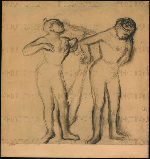 Three Dancers, 1895/1900, Edgar Degas, French, 1834-1917, France, Charcoal and wetted charcoal, with stumping, on tan wove tracing paper, pieced, and laid down on cream wove card (with accidental mark in blue crayon at right), 528 × 497 mm, Hizen-ware Bottle, 17th century, Japan, Porcelain with enamel decoration, H. 14 1/8 in., diam. 7 3/8 in.