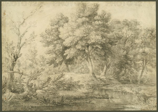 Wooded Landscape with Stream, 1750–59, Thomas Gainsborough, English, 1727-1788, England, Brush and black ink and gray wash, over graphite, on off-white laid paper, pieced along both vertical edges and laid down on cream laid paper, 238 × 334 mm