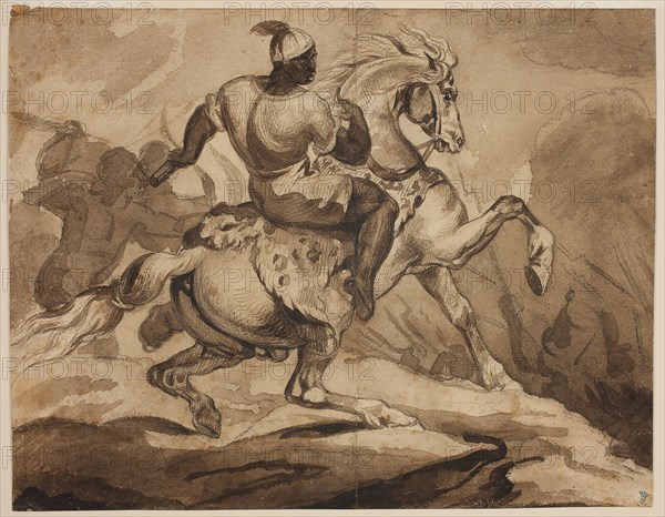 Haitian Horseman (Scene from the French Colonial Wars), 1823, Attributed to Jean Louis André Théodore Géricault, French, 1791-1824, France, Brush and brown ink and brown wash, over black chalk, on cream wove paper, pieced vertically through center, 245 × 314 mm