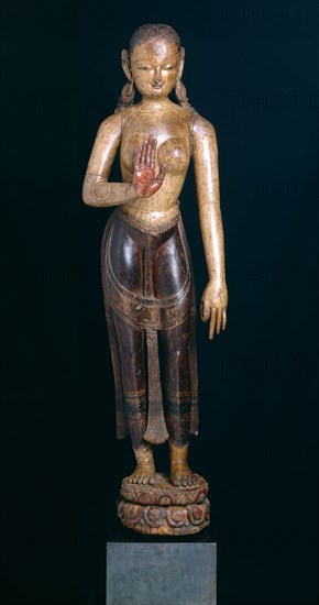 Goddess Tara with Hand in Gesture of Reassurance (Abhayamudra), 15th century, Nepal, Kathmandu Valley, Patan, Kathmandu Valley, Wood and pigments, 128 x 35.6 x 30.5 cm (50 3/8 x 14 x 12 in.)