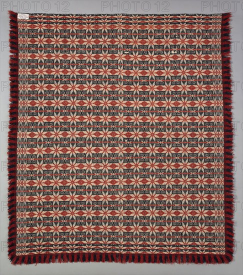 Coverlet, 1820/40, United States, Probably Pennsylvania, Pennsylvania, Cotton and wool, plain weave with supplementary wefts in composite point twill weave (star work, multiple shaft), two loom widths joined, with attached plain weave strip with weft fringe, 231.8 x 203.8 cm (91 1/4  x 80 1/4 in.)
