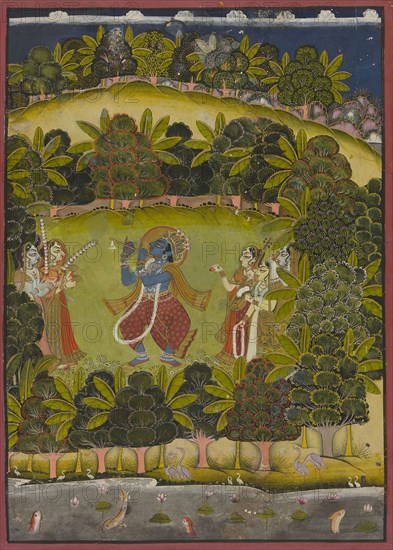 Krishna Fluting for the Gopis, Late 18th or early 19th century, India, Rajasthan, Jodhpur, Jodhpur, Opaque watercolor, gold and tin alloy on paper, 65 x 49.2 cm (25 5/8 x 19 3/8 in.)