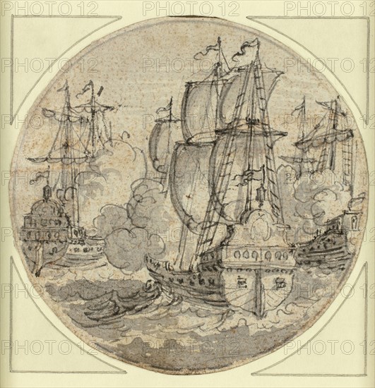 Ship at Sail, n.d., Unknown Artist, Dutch, 17th century, Netherlands, Pen and black ink and brush and gray wash, over graphite, with traces of red chalk, on ivory paper, diam. 80 mm