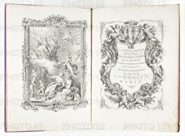 Poems for the Solemn Entrance to the Position of Procurator of S. Marco on Account of His Excellency Lodovico Manin (Componimenti Poetici per l’Ingresso Solenne alla Dignità di Proccuratore di S. Marco per Merito di Sua Eccellenza il Signor Lodovico Manin), 1764, Francesco Bartolozzi (Italian, 1727-1815), published by Giovanni Battista Albrizzi (Italian, 1698-1777), Italy, northern, Book with engravings in black on ivory laid paper, 375 x 265 x 15 mm