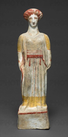 Statuette of a Woman, about 450 BC, Greek, Boeotia, terracotta, polychromy, 27.6 × 8.3 × 6.4 cm (10 7/8 × 3 1/4 × 2 1/2 in.)