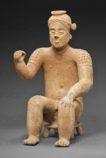 Seated Male Figure with One Arm Raised, A.D. 100/900, Colima, Colima, Mexico, Colima state, Ceramic and pigment, 49.5 × 30.5 × 27.9 cm (19 1/2 × 12 × 11 in.)