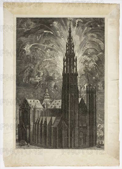 Firework around the Antwerp Cathedral, plate 41 from Casperius Gevartius, Pompa Introitus Honori Serenissimi Principis Ferdinandi, 1642, Unknown Artist, Flemish, mid-17th century, Flanders, Engraving, with etching and plate tone, in black on cream laid paper, 444 × 299 mm (plate), 460 × 316 mm (sheet)