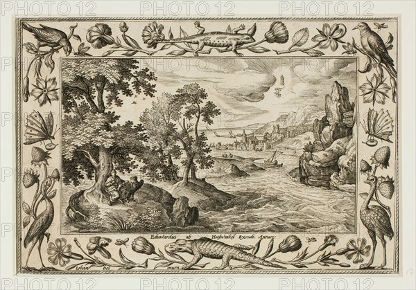 Saint John on Patmos, from Landscapes with Old and New Testament Scenes and Hunting Scenes, 1584, Adriaen Collaert (Flemish, c. 1560–1618), after Hans Bol (Flemish, 1535–1593), published by Anna van Hoeswinckel (Flemish), Flanders, Engraving in black on cream laid paper, laid down on cream laid paper, 143 × 200 mm (image/primary support, trimmed within plate mark), 176 × 238 mm (secondary support)