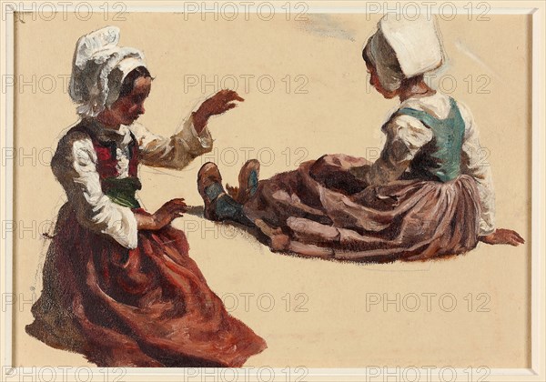 Two Girls in Regional Costume, n.d., François Hippolyte Lalaisse, French, 1810-1884, France, Oil paint, over graphite, on tan wove paper (discolored), prepared with a textured oil ground, 179 × 265 mm