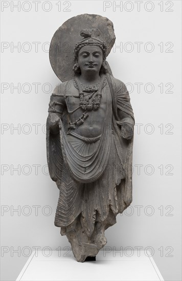 Standing Bodhisattva with Human-Figure Necklace, Kushan period, 2nd/3rd century, Present-day Pakistan, Ancient region of Gandhara, Gandhara, Phyllite, 150.5 × 53.3 × 19 cm (59 1/4 × 21 × 7 1/2 in.)