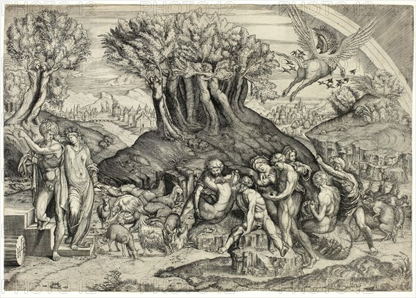 Parnassus Profaned, after 1520, Master HFE, Italian, early 16th century, Italy, Engraving in black on ivory laid paper, 355 x 506 mm (image/plate/sheet)