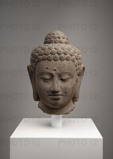 Head of Buddha, 9th century, Indonesia, Central Java, Central Java, Andesite, 40.6 × 24.2 × 24.8 cm (16 × 9 1/2 × 9 3/4 in.)