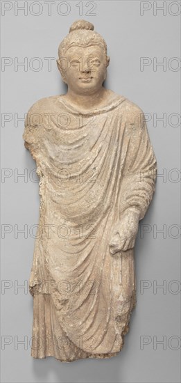 Walking Buddha, Kushan period, 3rd/4th century, Present-day Afghanistan or Pakistan, Ancient region of Gandhara, Gandhara, Stucco, 68 × 28.9 × 9.5 cm (26 3/4 × 11 3/8 × 3 3/4 in.)