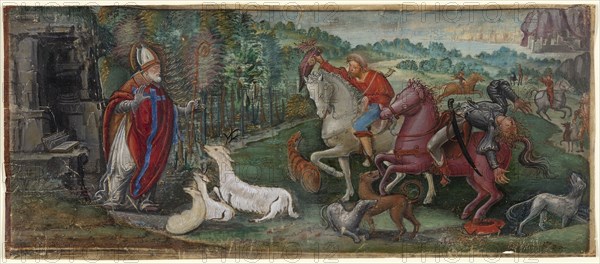Miracle of the Deer of Saint Bassiano, from a Choir Book, 1500/10, Master B. F. (possibly Francesco Binasco), Italian (Lombardy), about 1490-about 1545, Italy, Opaque watercolor and shell gold on parchment, 126 x 295 mm