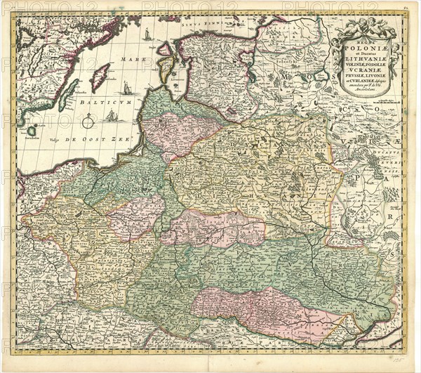 Map, Regni Poloniae et ducatus Lithvaniae Voliniae, Podoliae Vcraniae Prvssiae, Livoniae et Cvrlandiae, Frederick de Wit (1610-1698), Copperplate print