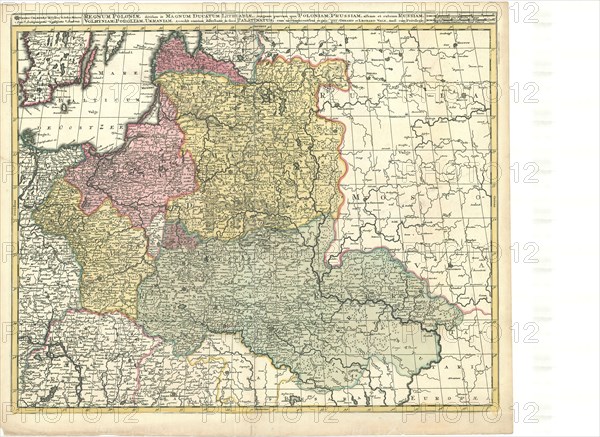 Map, Regnum Poloniae divisum in magnum ducatum Lithuaniae, magnam parvam que Poloniam, Prussiam, albam et rubram Russiam, Volhyniam, Podoliam, Ukraniam, accedit omnium distributio in suos palatinatus, cum circumjacentibus regnis, Gerhard Valk (-1726), Copperplate print