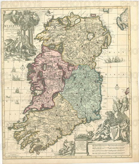 Map, Hyberniæ regni in provincias Ultoniam, Connacham, Lageniam, Momoniamq. divisi tabula accuratissima, Johannes Covens (1697-1774), Copperplate print