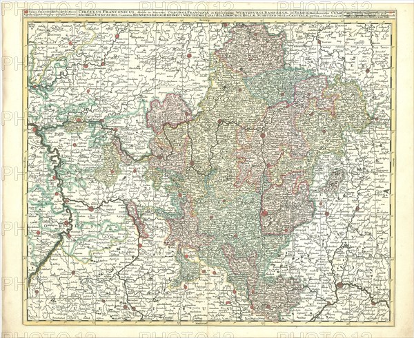 Map, Circulus Franconicus divisa in ducatus Coburgi, Franconiae, et episcopatus Wurtzburgi, Bambergae, et Stadii; marchionatus Culmbachii, et Onspachii; comitatus Hennenbergae, Rheineci, Werthemii, Erpachia, Limburgi, Hollae, Suartenburgi, et Castellae, Gerhard Valk (-1726), Copperplate print