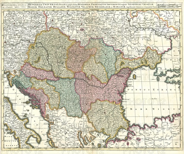 Map, Hungaria universalis divisa in proprie dictam Hungariam principatum septimonti regiones Sclavoniae Croatiae Bosniae Moldaviae Valachiae Bessarabiae et Romaniae, Gerhard Valk (-1726), Copperplate print