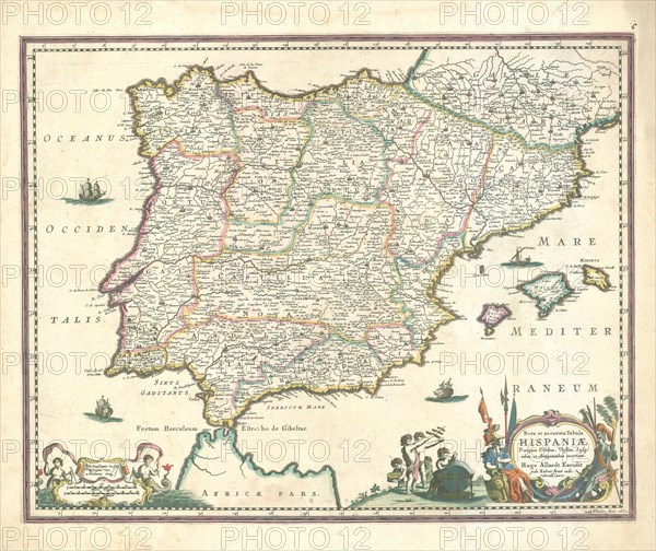 Map, Nova et accurata tabula Hispaniae, praecipuis urbibus, vestitu, insignibus, et antiquitatibus exornata, Joannes Lhuilier, Copperplate print