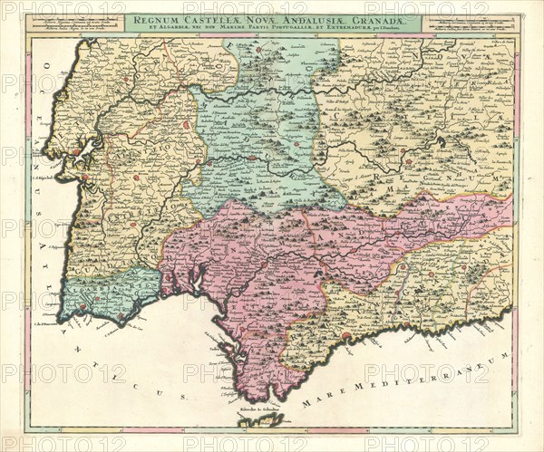 Map, Regnum Castellae novae, Andalusiae, Granadae, et Algarbiae, nec non maxime partis Portugalliae, et Extramadurae, Justus Danckerts (1635-1701), Copperplate print