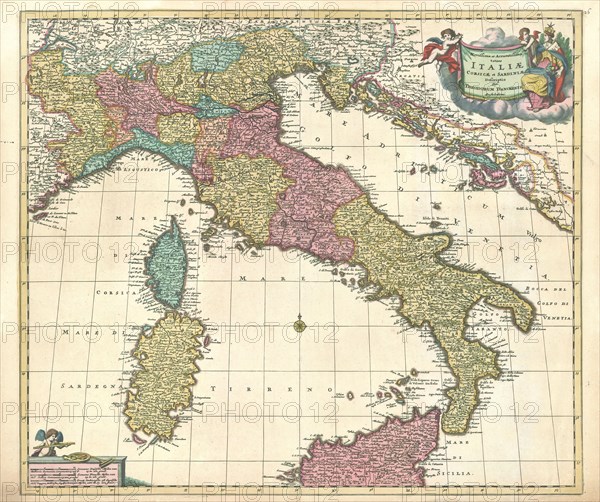 Map, Novissima et accuratissima totius Italiae Corsicae et Sardiniae descriptio, Theodorus Danckerts (1663-1727), Copperplate print
