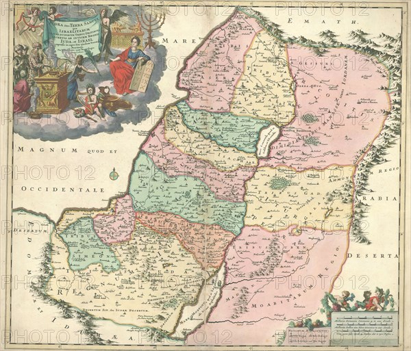 Map, Iudaea sive Terra Sancta quae Israelitarum in suas duodecim tribus destincta secretis ab invicem regnis Iuda, et Israel expressis in super sex ejusdem terrae provincijs, Theodorus Danckerts (1663-1727), Copperplate print