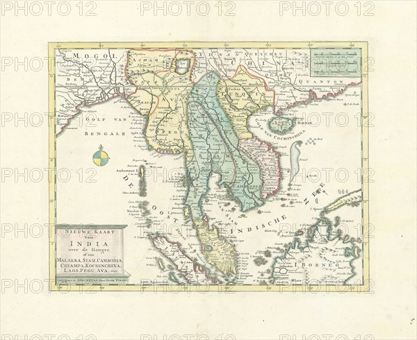 Map, Nieuwe kaart van India over de Ganges, of van Malakka, Siam, Cambodia, Chiampa, Kochinchina, Laos, Pegu, Ava, enz, Copperplate print