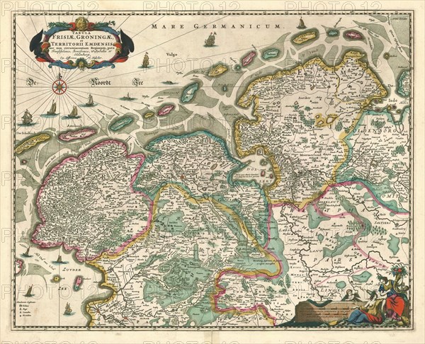 Map, Tabula Frisae, Groningae, et territorii Emdensis nec non circumjacentium regionum, puta Transisalaniae, Benthemiae, Westphaliae et Oldenburgi, Copperplate print