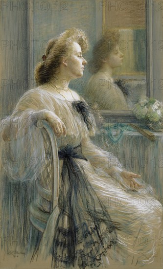 Lady in front of the mirror, The picture in the mirror (Annette Österlind), 1904, Colored chalk on brown paper on canvas, 139.8 x 85 cm, Signed and dated lower left: L. C. Breslau, 1904, Marie Louise Catherine Breslau, München 1856–1927 Neuilly-sur-Seine