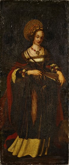 The hl., Ursula, oil on canvas, 93.5 x 40 cm, unmarked, Venus-Maler (Werkstattmitarbeiter bei Hans Holbein d. J.), (Kopie nach / copy after), tätig in Basel um 1525