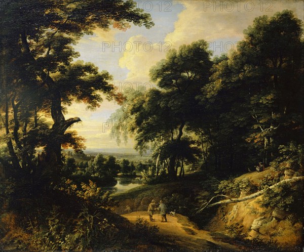 Forest landscape with easels, oil on canvas, 61 x 73.5 cm, Signed in the lower left corner on the rock: Jac • d • Arthois, Jacques d'Arthois, Brüssel 1613–1686 Brüssel