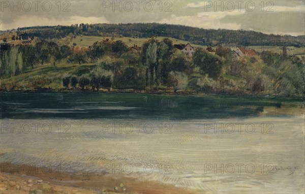 The Rhine near Stein (Rheinufer, Abendstimmung), 1895, oil on canvas, 96 x 148 cm, signed and dated lower right: Hans Sandreuter 95, Hans Sandreuter, Basel 1850–1901 Riehen