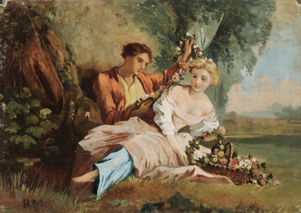 Schäferidyll Renaud et Armide, oil on cardboard, 15 x 19.5 cm, monogrammed lower left: B.M., Barthélemy Menn, Genf 1815–1893 Genf