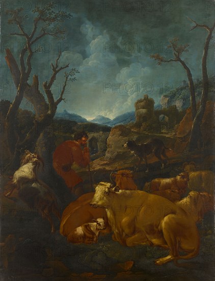 Herdsman and herd in rocky valley, 1706, oil on canvas, 180.5 x 138.5 cm, signed and dated under the goat left: JMRoos., [JMR ligated], fecit., I706, Johann Melchior Roos, Heidelberg 1663–1731 Braunschweig?