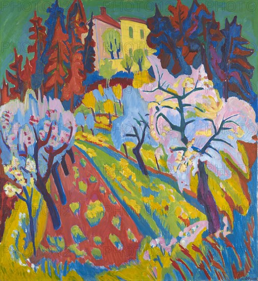 Villa Loverciana with flowering trees, 1926, oil and tempera on canvas, 120.5 x 110.5 cm, signed lower right: H. Scherer, Hermann Scherer, Rümmingen/Baden-Württemberg 1893–1927 Basel