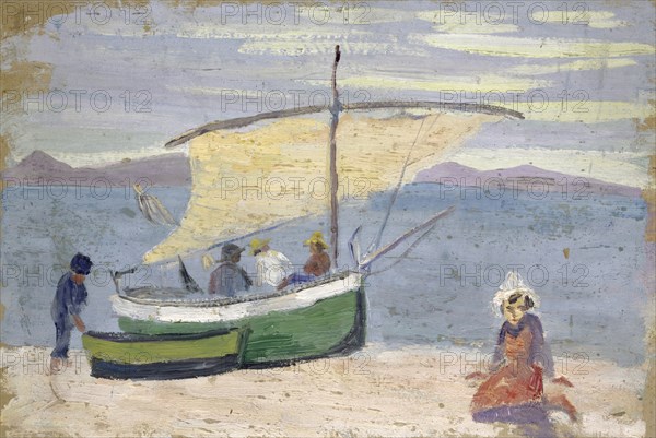 Fishing boat on the beach, oil on cardboard, 28.5 x 42.5 cm, Ernst Schiess, Basel 1872–1919 Valencia